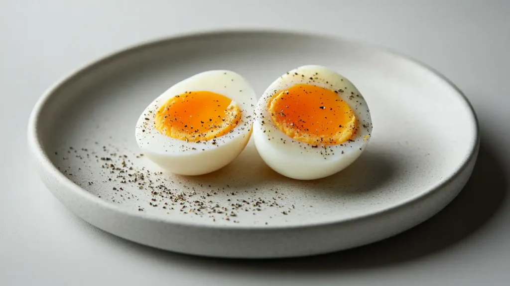 Two boiled eggs sliced in half on a white plate with a sprinkle of black pepper.How Many Calories Are in 2 Eggs