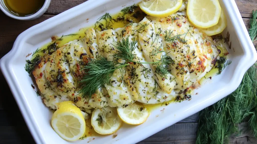 A perfectly cooked baked cod with lemon slices and fresh dill on a white plate.