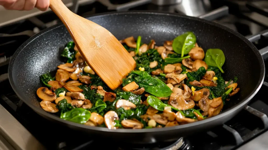 Spinach and Mushroom Quesadilla 2 Sautéing spinach and mushrooms in a skillet with a wooden spatula.