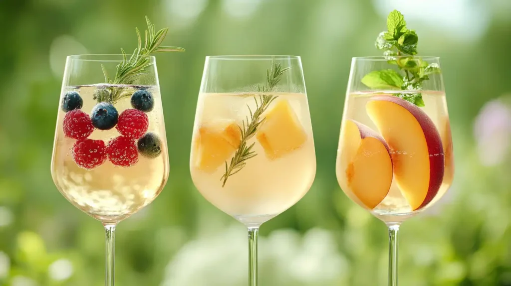 Hugo Spritz Recipe: Refreshing Summer Cocktail Guide 2 Hugo Spritz variations served in elegant glasses with fruits and herbs.