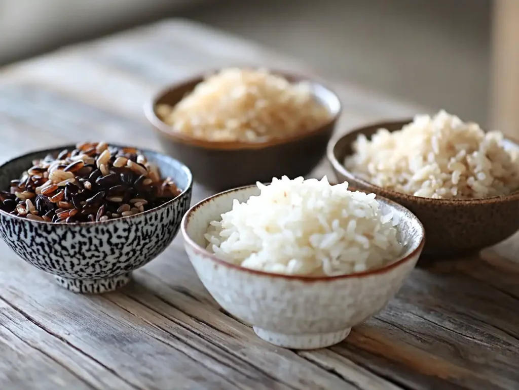 Bowls of different rice types, including white, brown, wild, and sticky rice, on a wooden table.Does rice have gluten
