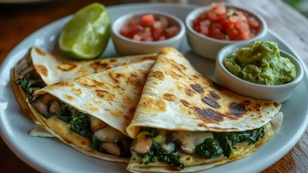 Spinach and Mushroom Quesadilla 3 A golden-brown spinach and mushroom quesadilla sliced into wedges, served with guacamole and salsa.