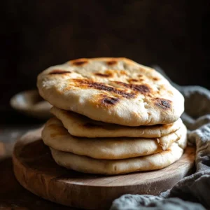 Sourdough Discard Recipes 2 A stack of freshly baked sourdough discard flatbreads with a golden-brown crust on a rustic wooden board.