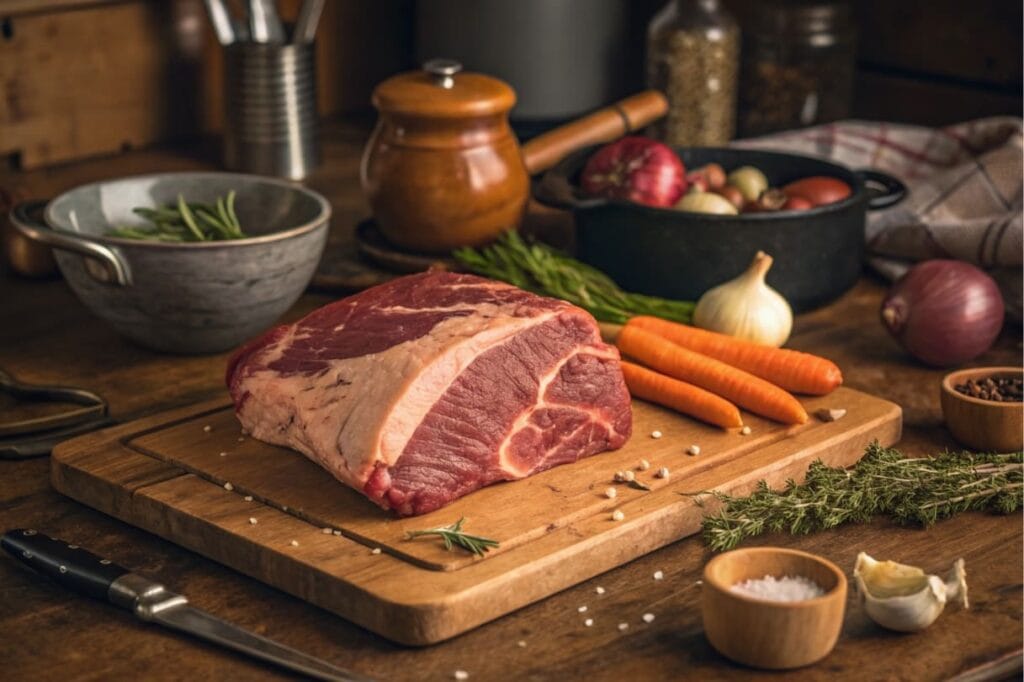 Close-up of a raw arm roast on a wooden cutting board with fresh vegetables in a rustic kitchen.