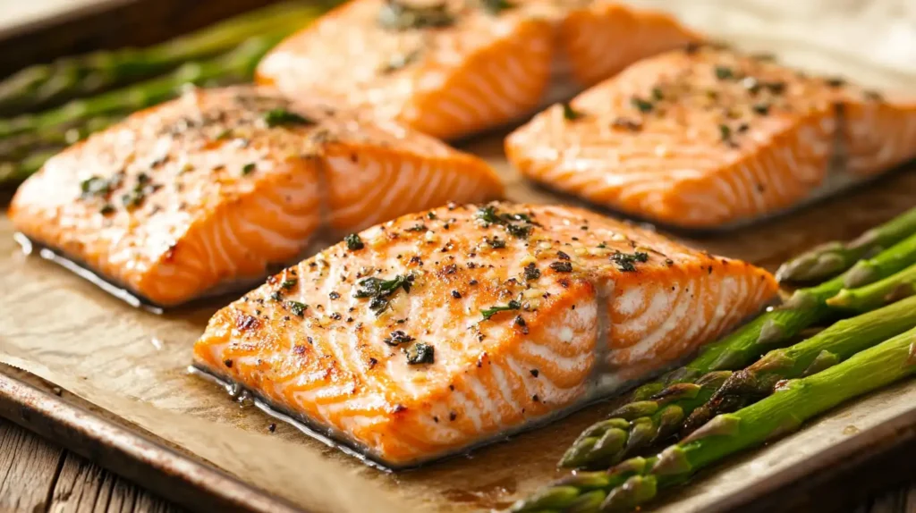 Freshly baked salmon fillets with garlic butter and asparagus on a baking sheet.