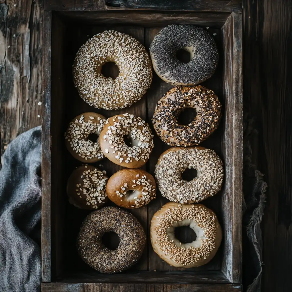 A variety of healthy bagels, including whole-grain, multigrain, and gluten-free options, arranged on a wooden tray.