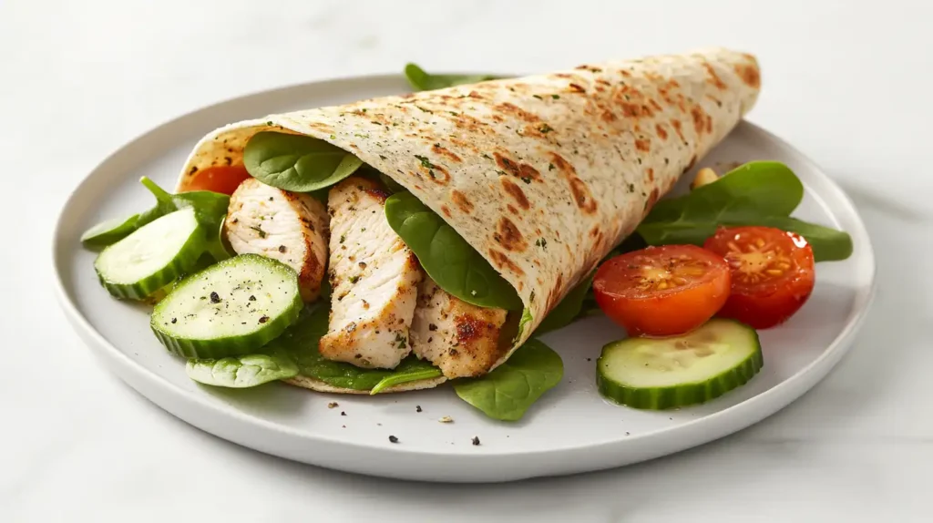 Grilled chicken Caesar wrap on a wooden plate with fresh vegetables.chicken Caesar wrap Calories