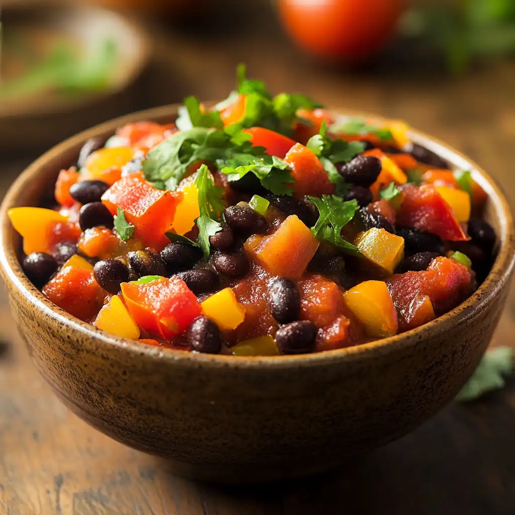 A colorful bowl of chili with black beans, tomatoes, and vegetables.
