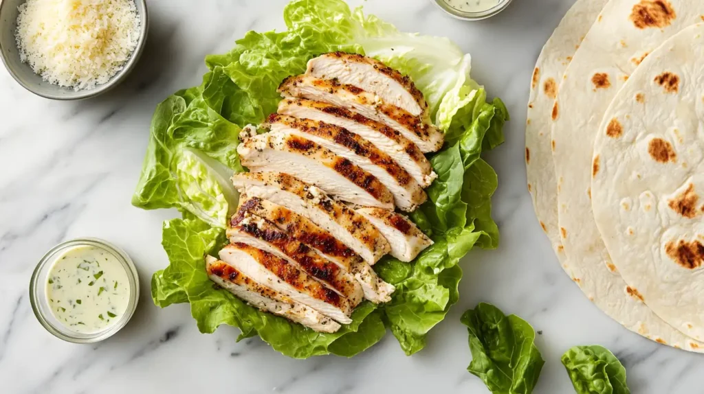 Grilled Chicken Caesar Wraps 2 Ingredients for Grilled Chicken Caesar Wraps arranged on a marble countertop. Title: Ingredients for Grilled Chicken Caesar Wraps