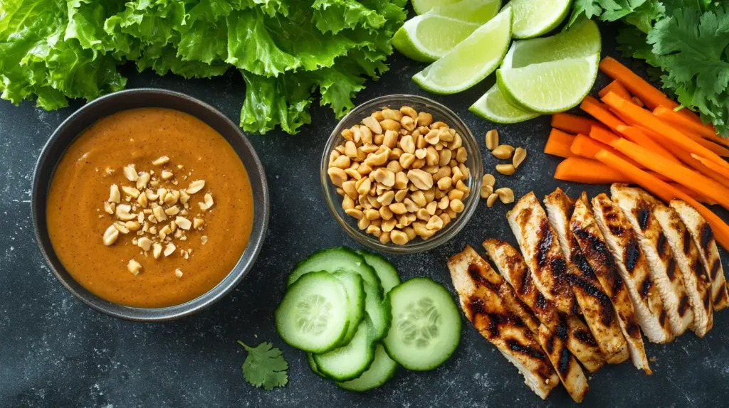 Thai Peanut Chicken Wraps 2 Fresh ingredients for Thai Peanut Chicken Wraps, including grilled chicken, carrots, cucumbers, lettuce, and peanut sauce arranged on a table.