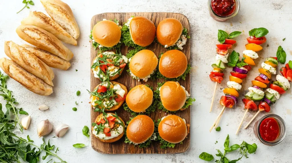 Italian sliders with garlic breadsticks and Caprese salad skewers, a perfect example of Italian slider pairings.