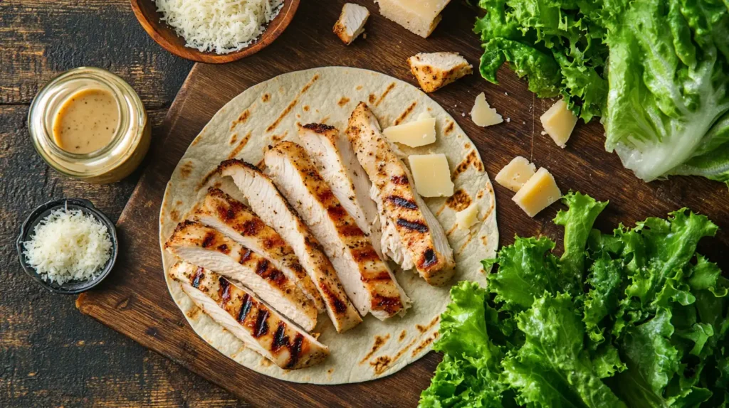 How Many Calories in a Grilled Chicken Caesar Wrap? 2 Ingredients of a grilled chicken Caesar wrap laid out on a countertop.chicken Caesar wrap Calories