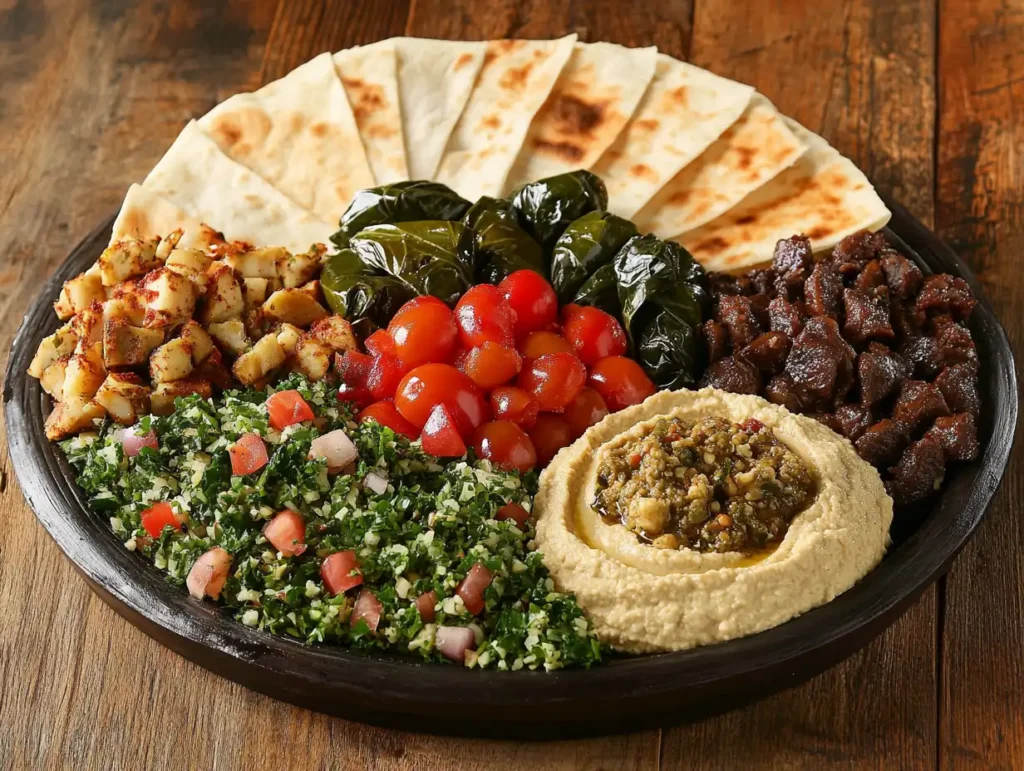 A traditional Lebanese mezze platter featuring hummus, baba ghanoush, tabbouleh, and pita bread.Lebanese Lunch Recipes