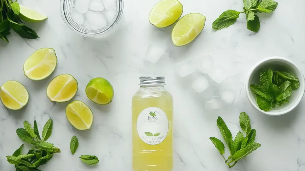 Hugo Spritz Recipe: Refreshing Summer Cocktail Guide 1 Ingredients for a non-alcoholic Hugo Spritz, including sparkling water, elderflower syrup, mint, and lime.