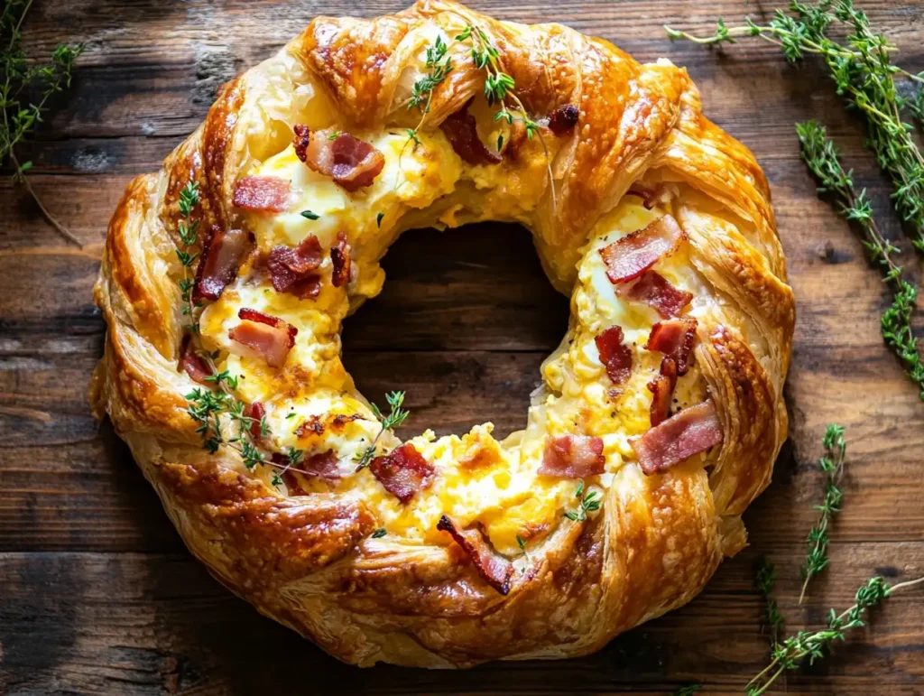 Golden puff pastry breakfast wreath with eggs, bacon, and cheese on a rustic wooden table.Puff pastry breakfas