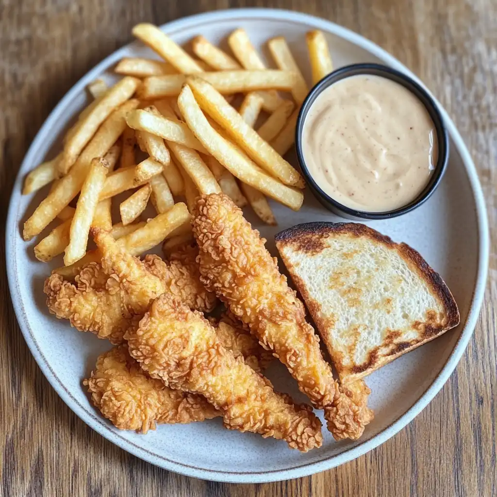 A plate of crispy chicken fingers with crinkle-cut fries, Texas toast, and a small cup of dipping sauce on a rustic table.