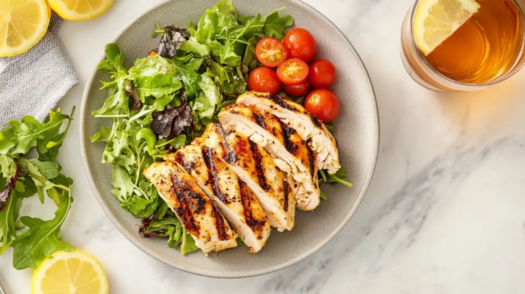 Grilled Chicken Caesar Wraps 3 A plated Grilled Chicken Caesar Wrap served with a side salad and iced tea.