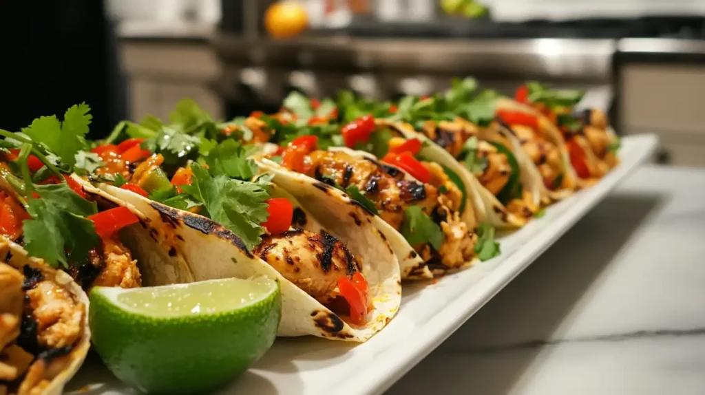 Thai Peanut Chicken Wraps 3 Thai Peanut Chicken Wraps neatly arranged on a white serving plate, garnished with fresh herbs and lime wedges.