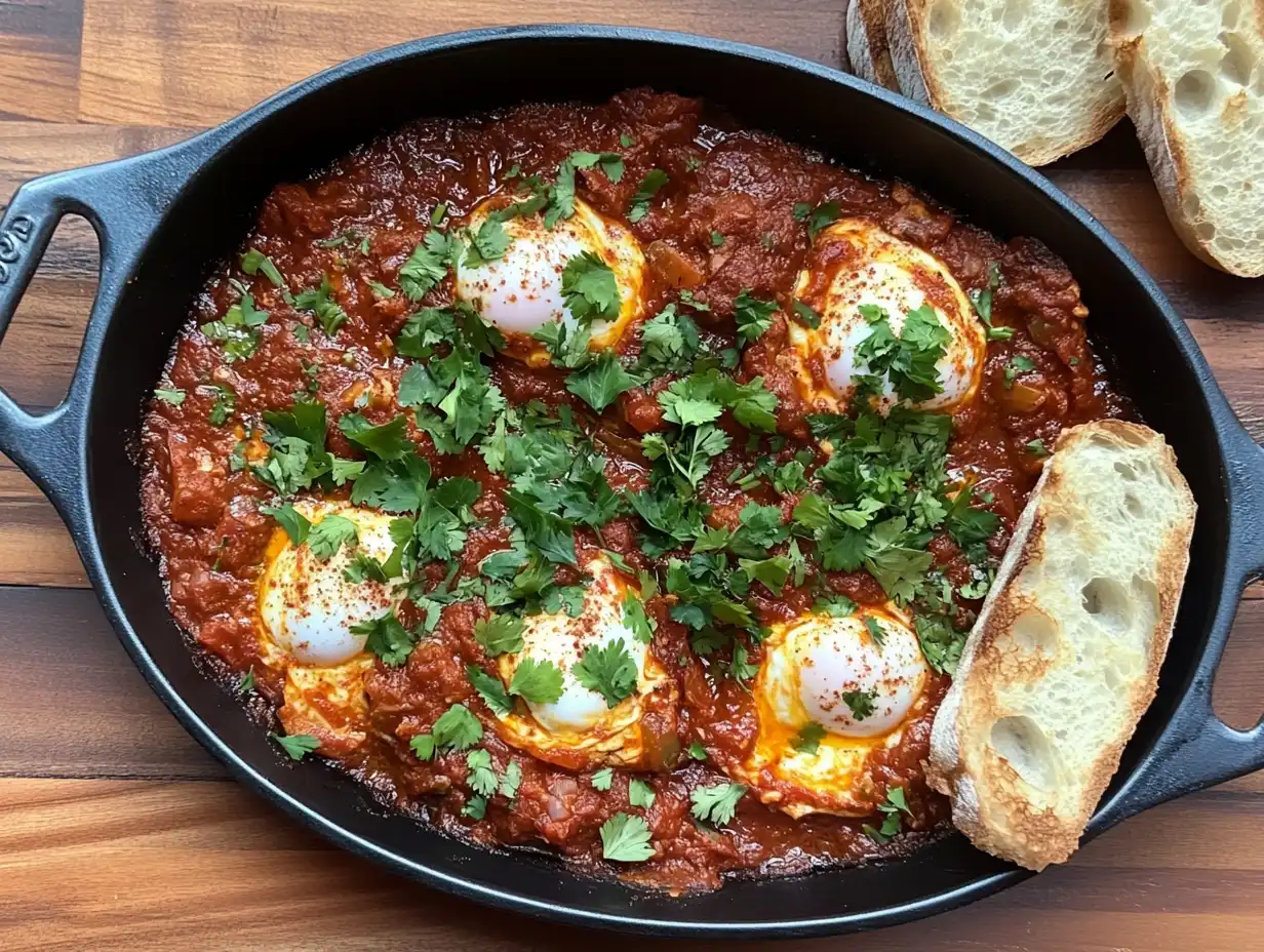 Why Egg Recipes for Dinner Are Perfect 4 Rustic skillet of shakshuka with poached eggs in spicy tomato sauce garnished with herbs. Egg Recipes for Dinner