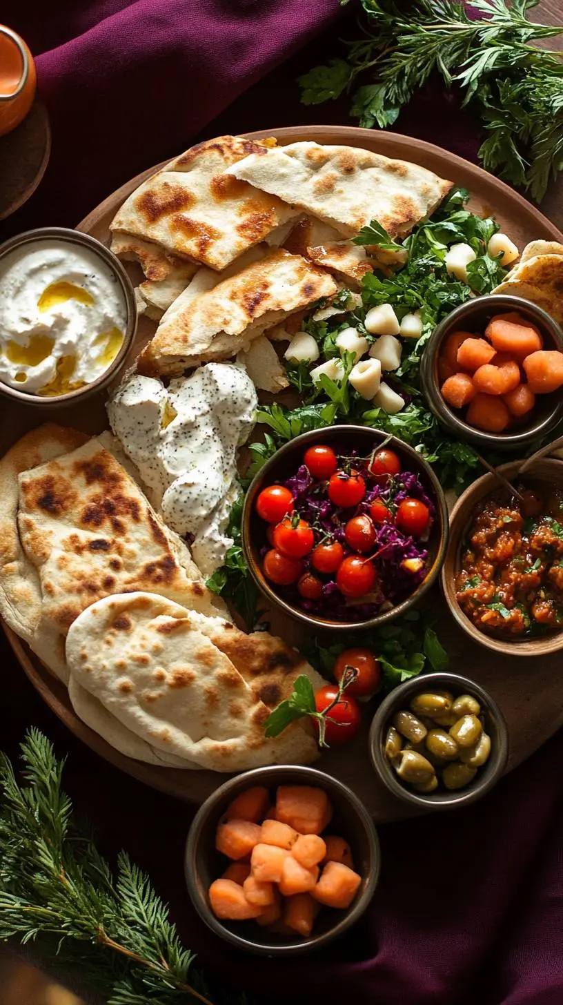 Sourdough Discard Flatbread Mezze Board A beautifully arranged mezze platter featuring sourdough discard flatbread, hummus, tzatziki, fresh vegetables, nuts, and dried fruits.