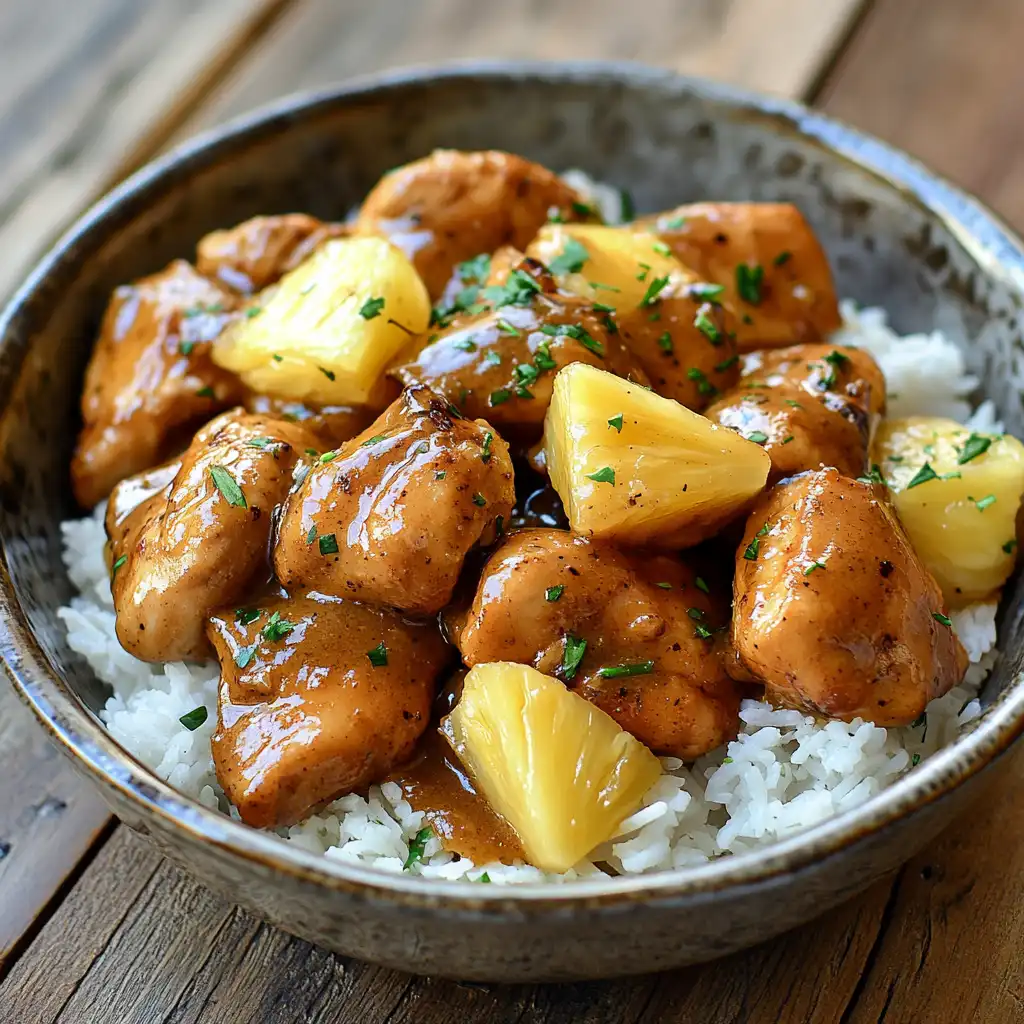 Delicious Sweet Hawaiian Crockpot Chicken served in a bowl with rice, garnished with herbs and pineapple chunks.