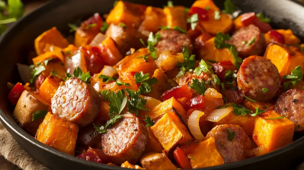 A sizzling skillet filled with sweet potato hash and turkey sausage garnished with fresh herbs.