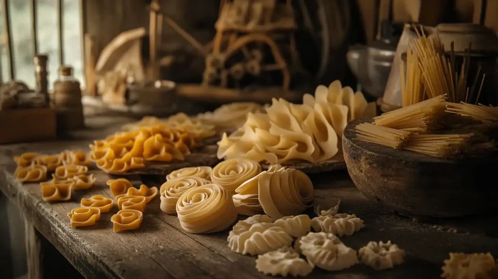 A colorful display of uncooked wagon-wheel pasta on a rustic kitchen counter.