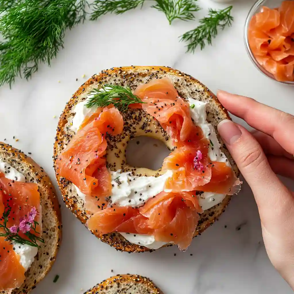 Whole Grain Bagels with Lox and Cream Cheese 4 Step-by-step assembly of bagel with lox and cream cheese