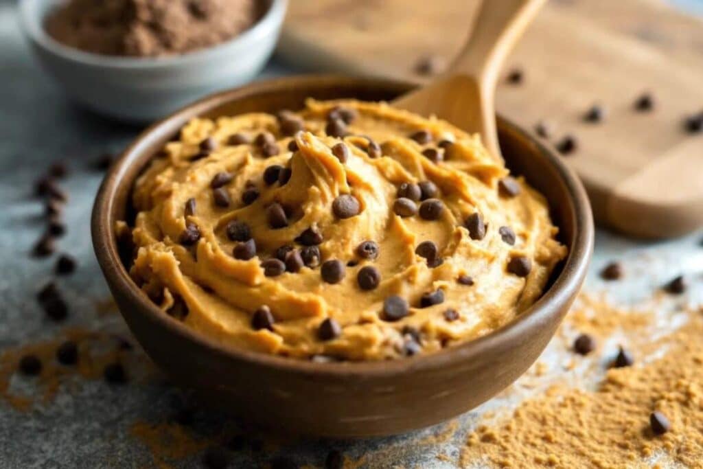 Nestlé Chocolate Chip Cookie Recipe 3 A wooden bowl filled with rich, creamy Nestlé chocolate chip cookie dough topped with chocolate chips.