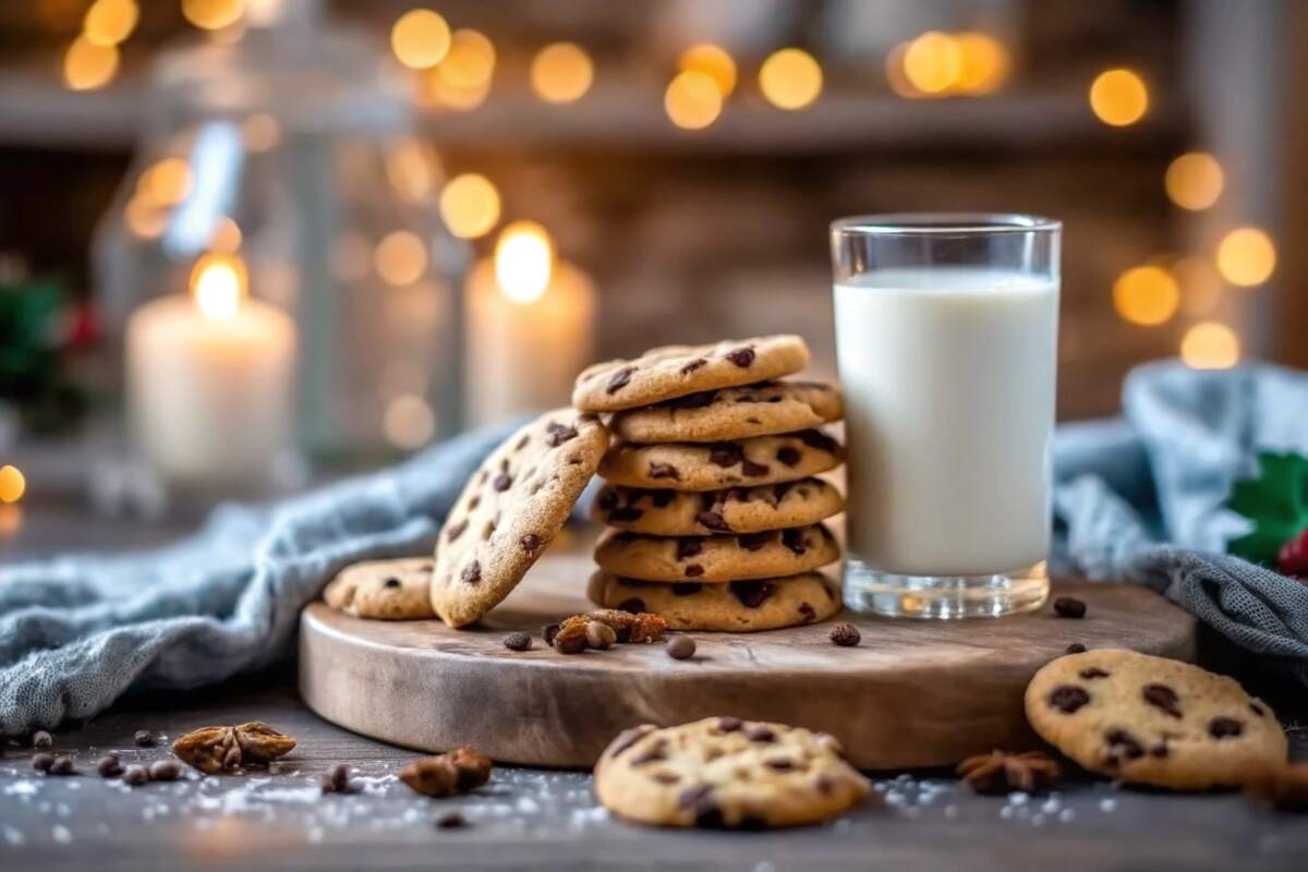 Nestlé Chocolate Chip Cookie Recipe 2 A plate of freshly baked Nestlé chocolate chip cookies with a glass of milk, surrounded by chocolate chips.