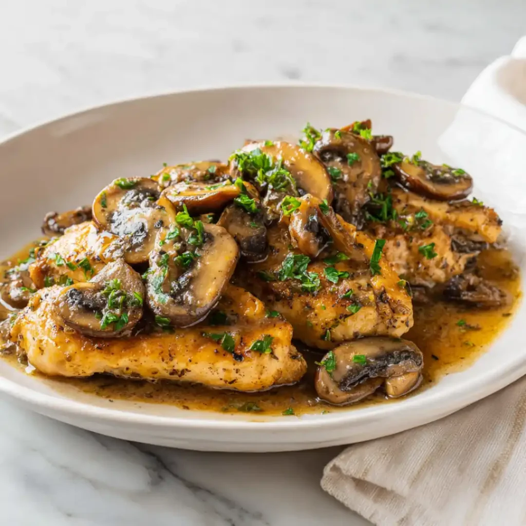 Chicken marsala without wine plated on marble countertop