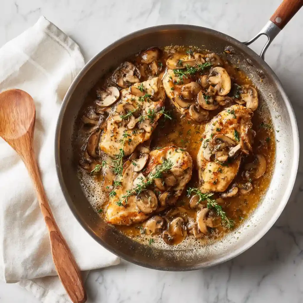 Chicken Marsala Without Wine 4 Preparing chicken marsala without wine in a skillet