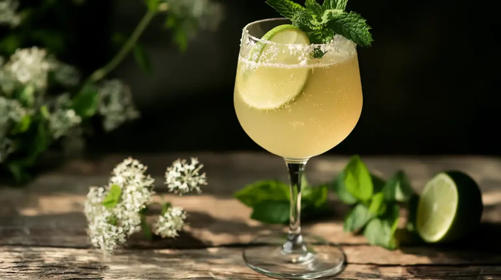 Refreshing Hugo Spritz cocktail in a wine glass with mint, lime, and elderflower syrup on a rustic wooden table.