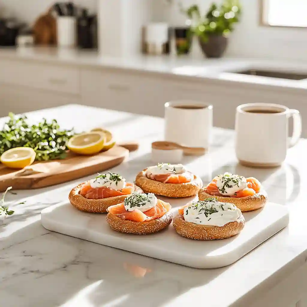 Whole Grain Bagels with Lox and Cream Cheese 5 Brunch platter of bagels with lox and cream cheese
