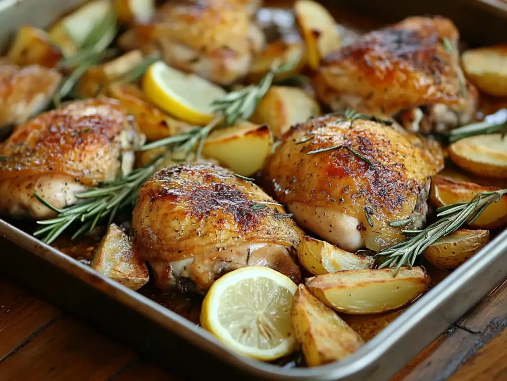 Golden roasted chicken thighs and crispy potatoes on a baking tray.