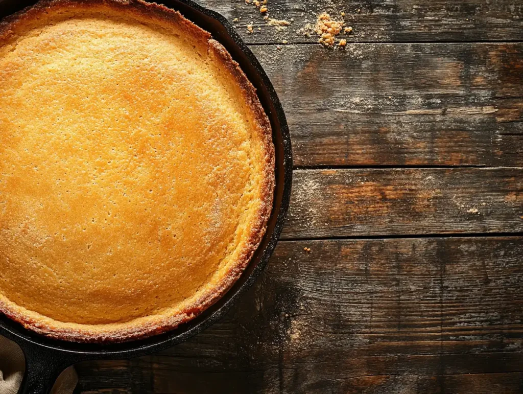 Freshly baked cornbread in a black cast-iron skillet with a golden crust.