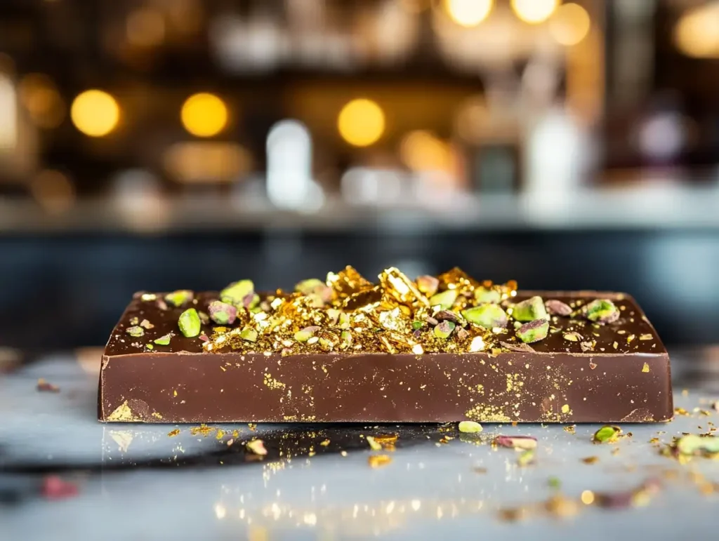A luxurious Dubai Chocolate Bar topped with edible gold and pistachios.