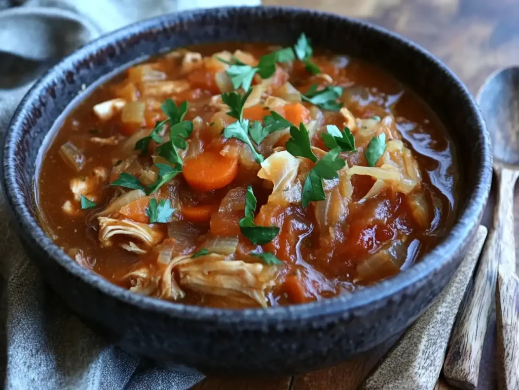 A steaming bowl of cabbage chicken soup garnished with fresh parsley, served on a wooden table with a rustic spoon. cabbage chicken soup recipe