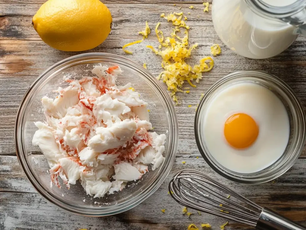Fresh crab meat, whisked eggs, and heavy cream on a wooden countertop.