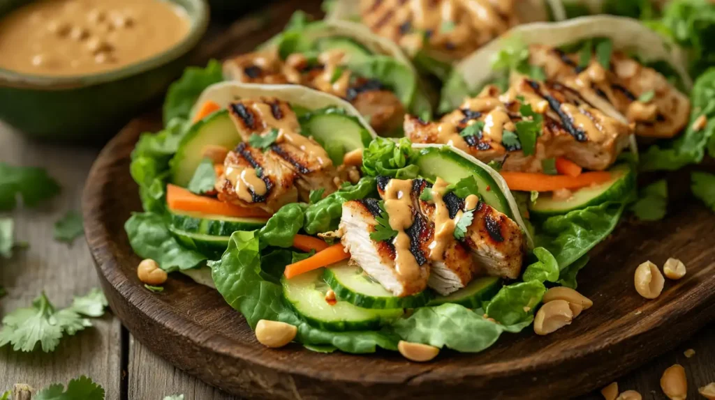 A close-up of freshly prepared Thai Peanut Chicken Wraps with grilled chicken, vibrant vegetables, and peanut sauce on a wooden plate.