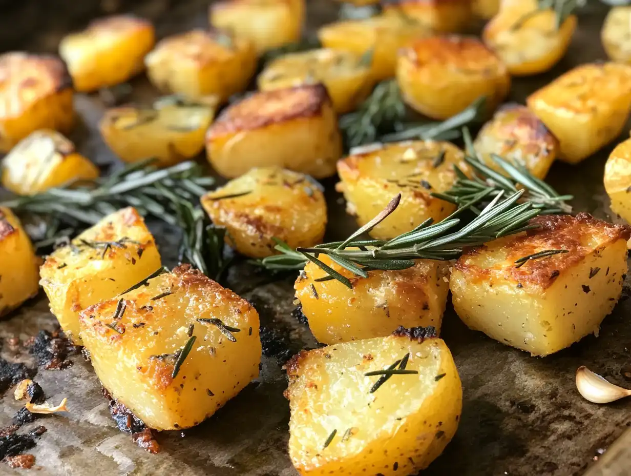 How to Make Perfect Roasted Potatoes: The Ultimate Guide 4 Golden-brown roasted potatoes on a baking sheet, seasoned with rosemary and garlic,Perfect roasted potatoes