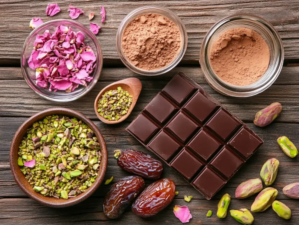 Premium ingredients for making Dubai chocolate bars, including dark chocolate, pistachios, dates, saffron, and rose water.