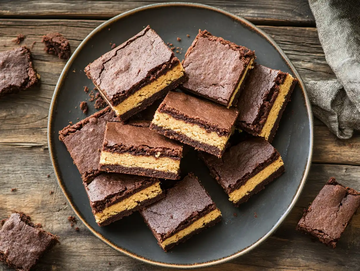 The Ultimate Brookie Recipe 4 Freshly baked brookie squares on a wooden board.
