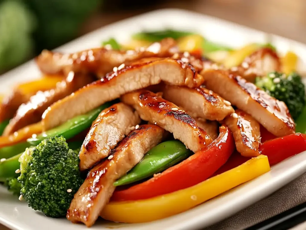 A vibrant stir-fry chicken dish with colorful vegetables served on a white plate.Weight Watchers Chicken Recipes