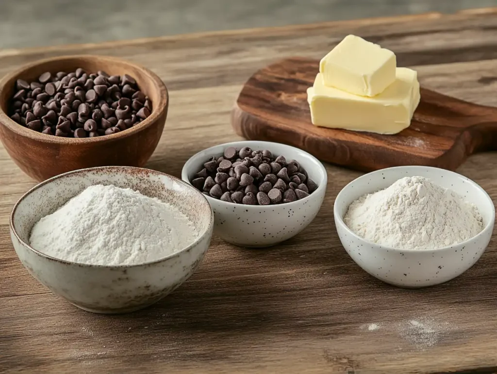 A close-up of basic baking ingredients arranged on a kitchen counter.