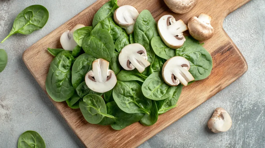 Fresh spinach leaves and sliced mushrooms arranged on a wooden cutting board.