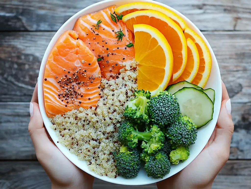 A colorful plate of grilled salmon, quinoa, and steamed vegetables, representing a low sodium meal