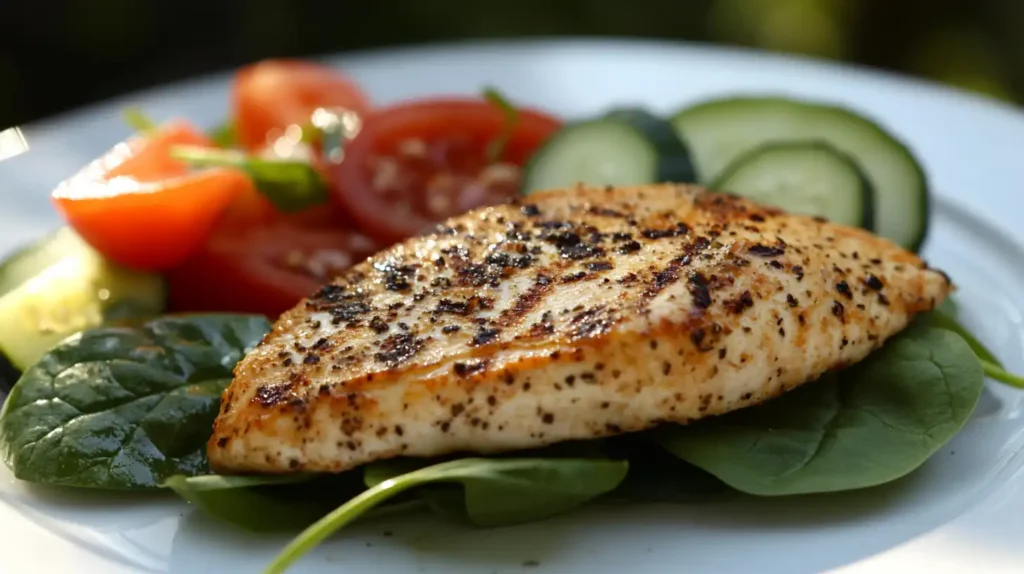 How Many Calories in a Grilled Chicken Caesar Wrap? 3 A healthier version of a grilled chicken Caesar wrap on a white plate with extra vegetables. chicken Caesar wrap Calories