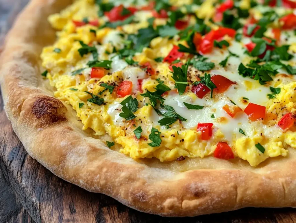 Close-up of a freshly baked breakfast pizza with crispy crust, melted cheese, eggs, and colorful vegetables.breakfast pizza recipe