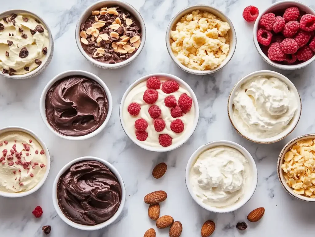A variety of homemade ice creams and sorbets made using the Ninja Creami, displayed in colorful bowls on a kitchen counter.